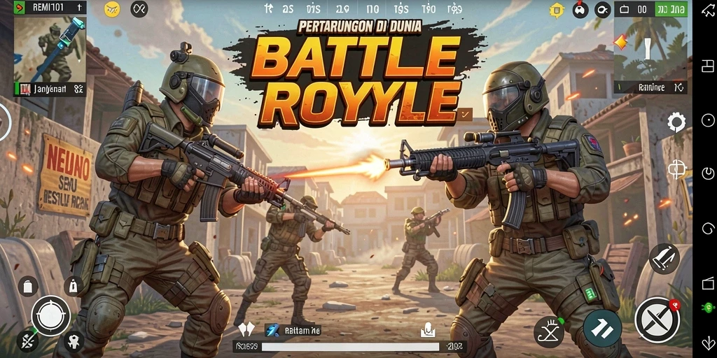 Screenshot utama REMI101 menunjukkan serunya gameplay Battle Royale.