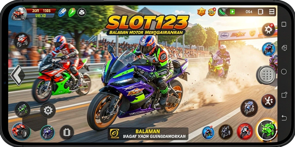 Tangkapan layar utama SLOT123 menampilkan aksi balapan motor yang mendebarkan.