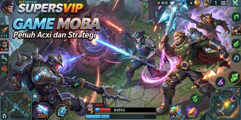 Screenshot gameplay SUPERSVIP menunjukkan pertempuran seru di arena MOBA.
