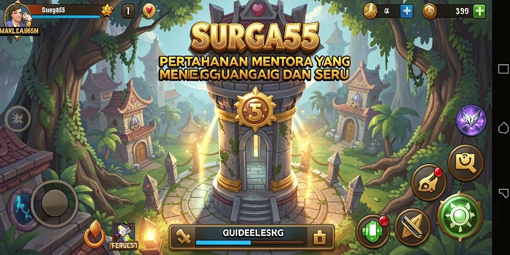 Tangkapan layar gameplay SURGA55 menampilkan pertahanan menara yang strategis dan mendebarkan.